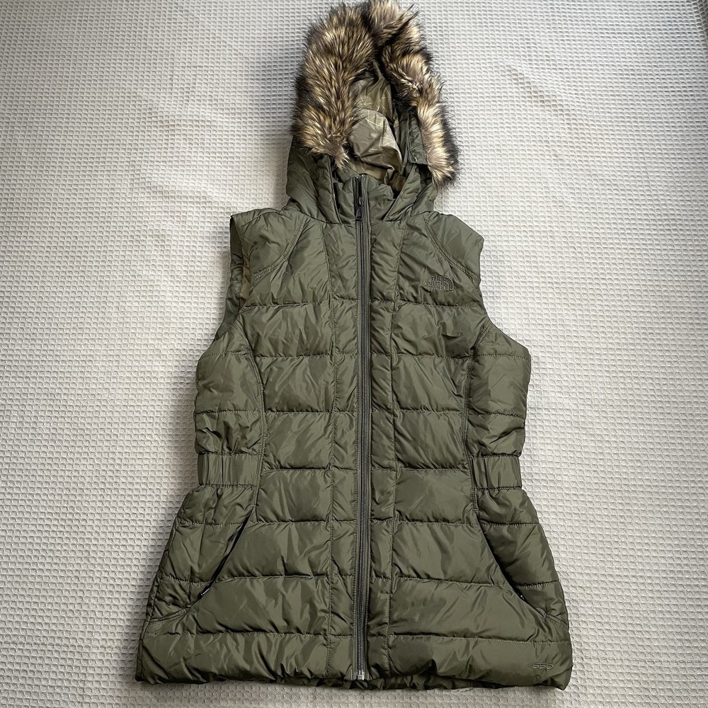 North Face 550 Down Puffer Vest Medium Womens Faux Fur Hooded Olive Green